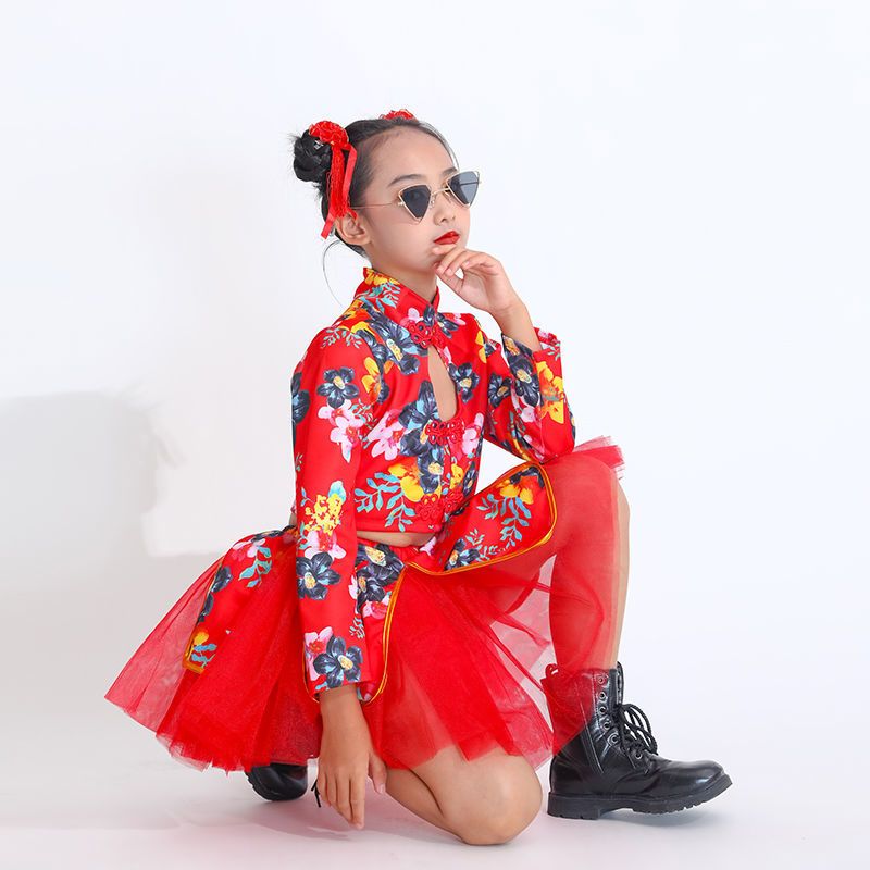 儿童元旦喜庆演出服国潮走秀男女童舞台蓬蓬裙爵士舞街舞表演服装