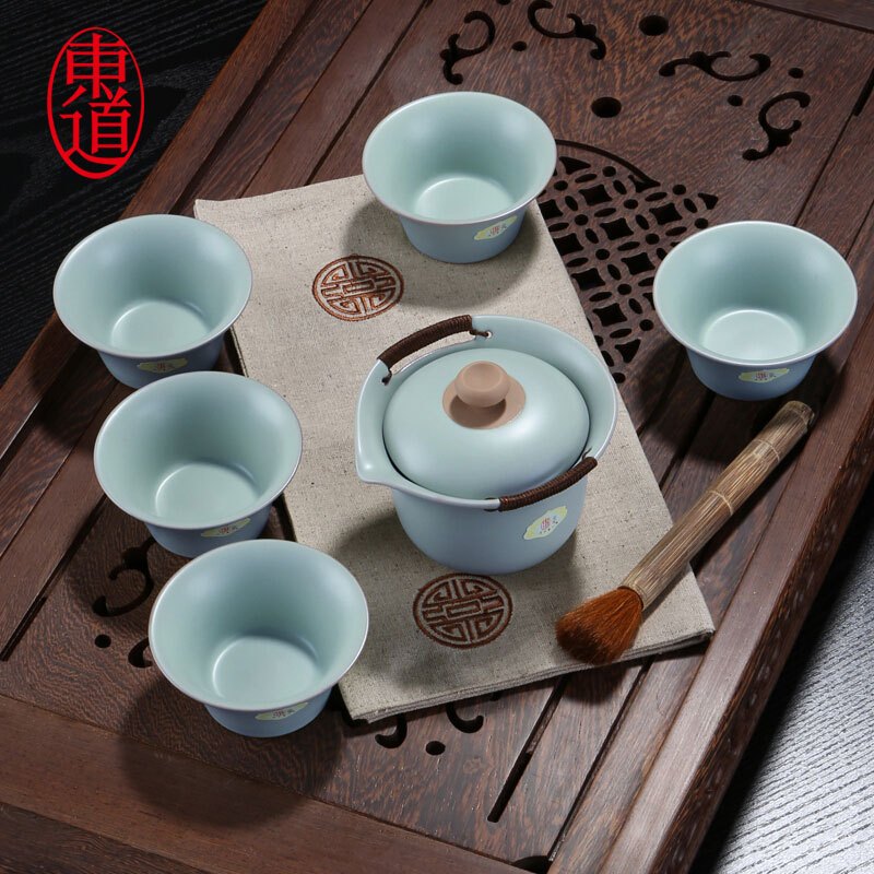 东道 汝窑 陶瓷青瓷套装茶具 晨香侧杯组 爆款 一碗五杯 开片可养 天青色