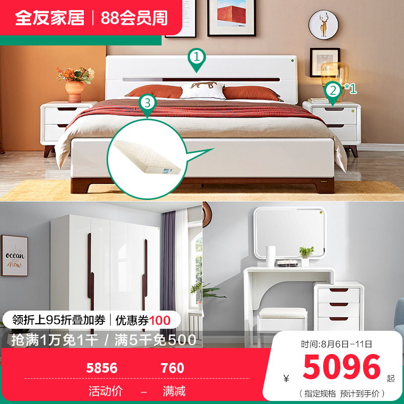 121802床+121802衣柜+121802梳妆台凳 1.5米床+床头柜*1+105001床垫+五门衣柜+梳妆台凳