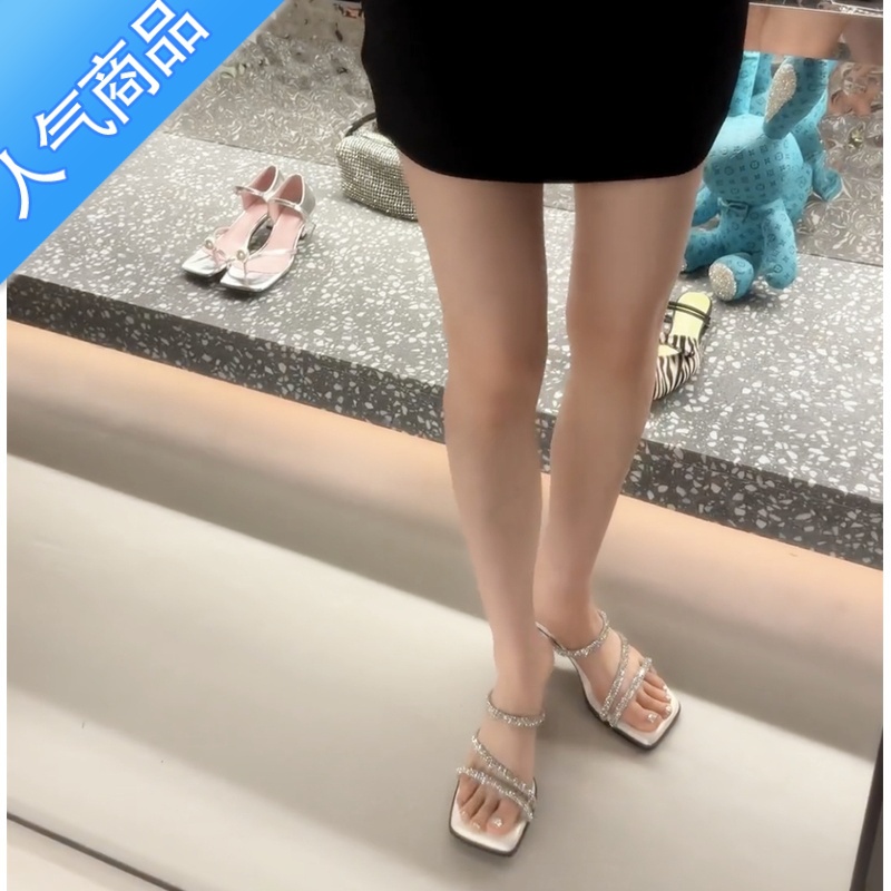 SUNTEK网红超火踩屎感水钻一字凉拖鞋女士夏季外穿2023新款细中跟高跟踩高清大图