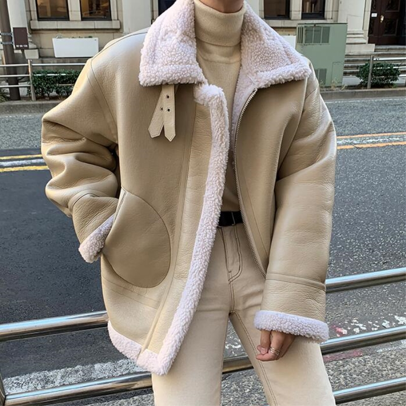 茜靓CHYLLIRN美式机车加厚咖啡色棉服冬季羊毛羔外套男加绒夹克冬装棉衣男