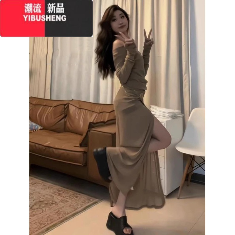 YIBUSHENG微胖mm慵懒风性感网纱连衣裙女垂感显瘦遮肉废土风长裙子辣妹套装