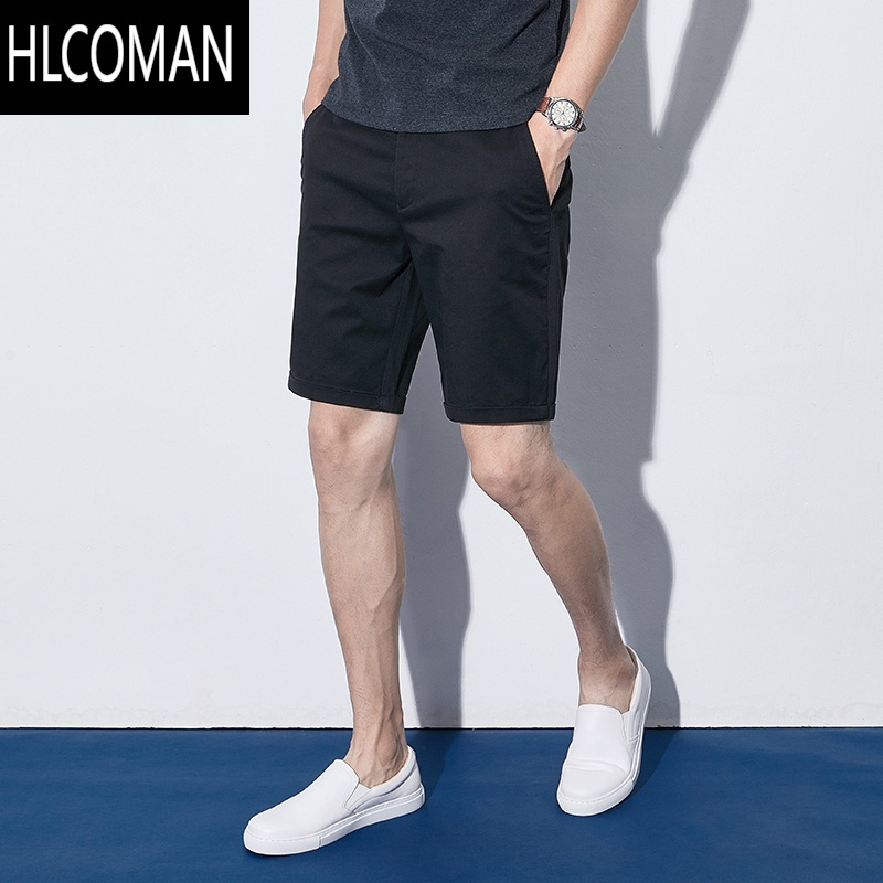 HLCOMAN短裤男夏季薄款潮流休闲纯色五分裤修身水洗米色5分中裤