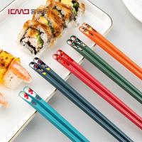 客满多一人一双家用高档防霉抗菌合金筷子5色耐高温不变形五彩筷 24厘米尖头五彩指甲筷锦鲤防滑 5双