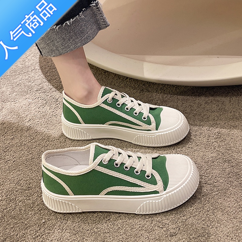 SUNTEK网红厚底帆布鞋女鞋子2023新款春夏百搭小香风休闲运动板鞋小白鞋高清大图