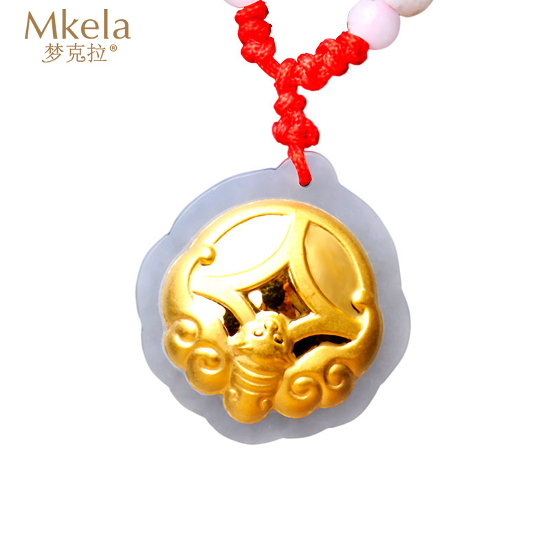 梦克拉 Mkela 金镶玉吊坠蝙蝠铜钱吊坠 3D硬金 黄金镶和田玉圆形玉坠 福运 玉石吊坠 冰糯种