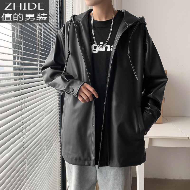 SUNTEK春季机车皮衣外套男韩版潮流中长款帅气连帽皮风衣夹克男潮牌宽松风衣