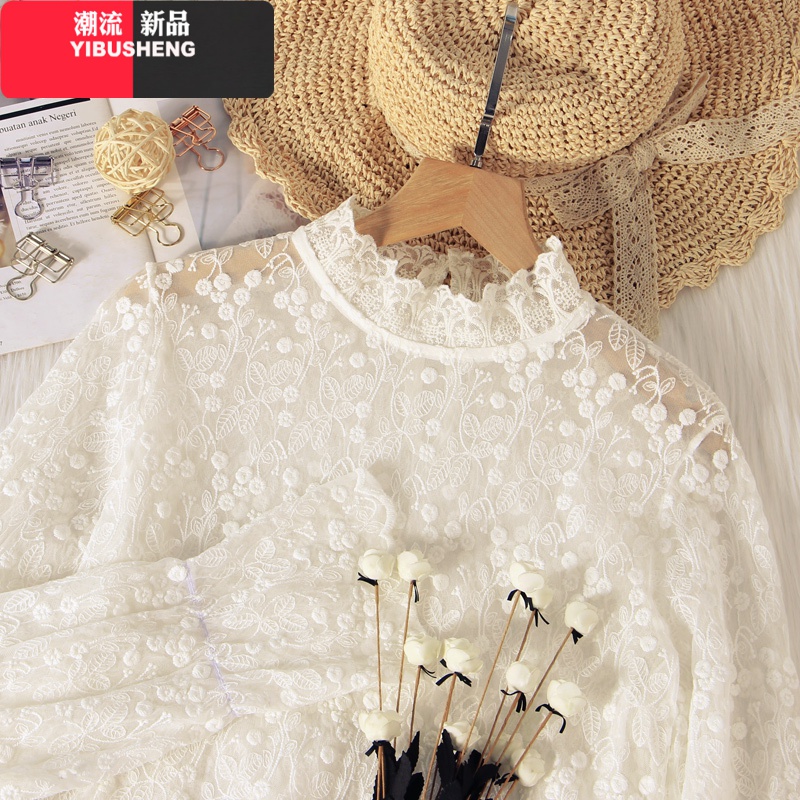 甜美雪纺蕾丝网纱打底衫女洋气薄款小衫长袖内搭宽松气质上衣春秋 款式2：白色 M