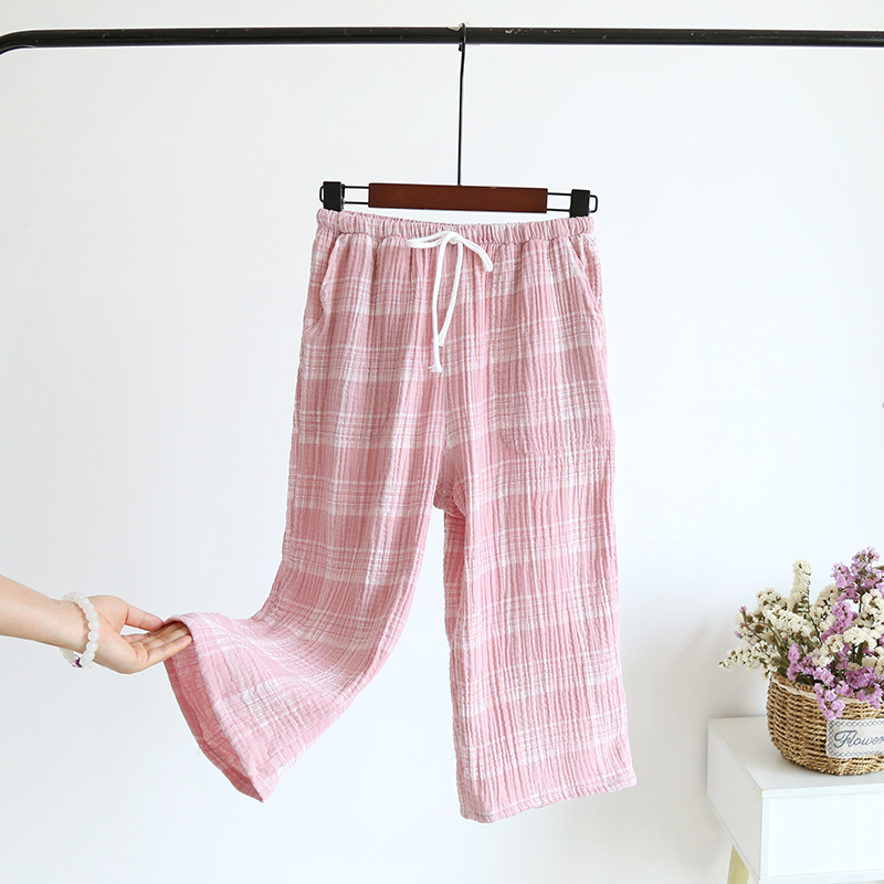 suntek日系格子睡裤女夏七分裤棉纱布薄款宽松大码过膝水洗绉布家居裤
