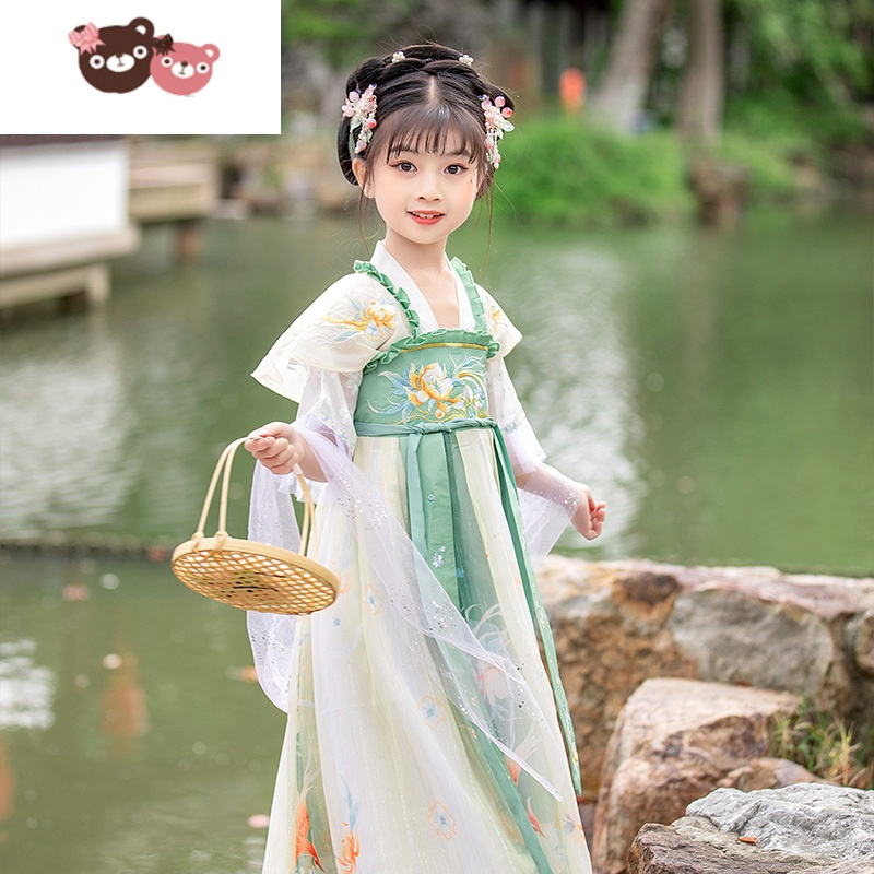 绿彩虹光汉服女童夏季薄款短袖唐装襦裙超仙夏款中国风儿童新款公主童装女裙子
