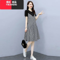 YIBUSHENG复古季新款格子连衣裙女大码短袖减龄文艺格子裙抽绳收腰中长裙 黑色拼接格子裙 2XL建议130-145斤