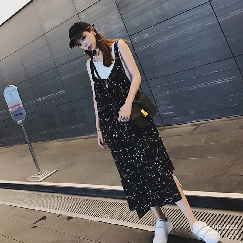 2018新款雪纺pphome长裙慵懒风港风带女夏两件套学生连衣裙星空裙+白色打底裙