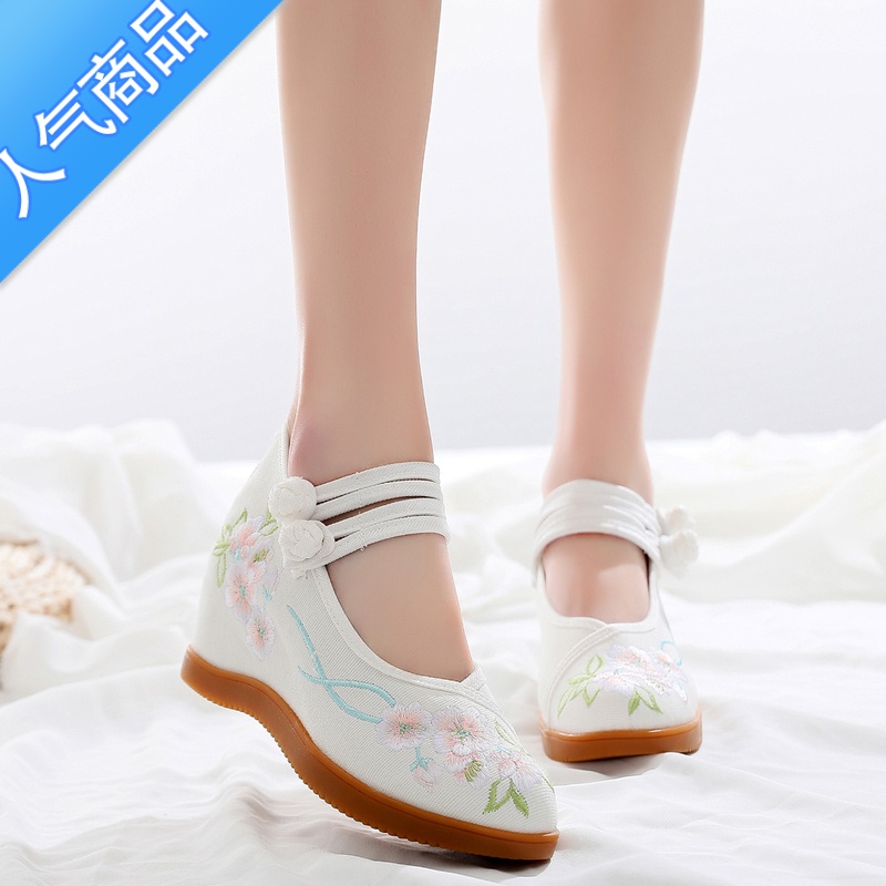 SUNTEK古风汉服鞋子女老北京布鞋古装鞋高跟绣花鞋复古民族风舞蹈鞋坡跟高清大图