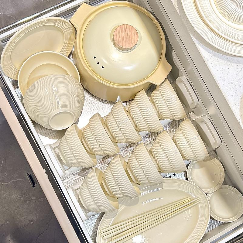 康夫贝陶瓷釉下彩餐具套装新款饭碗盘子碗家用碗碟套装乔迁新居礼品[砂锅礼盒]奶油螺纹-10人食50件套GB-7583高清大图