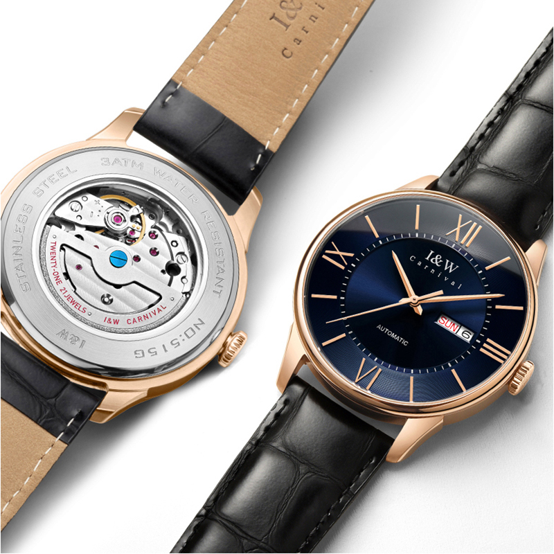 瑞士爱沃驰I&W CARNIVAL镂空全自动机械表 男士手表进口机芯男表纤薄真皮防水双日历腕表蓝宝石镜面8515G高清大图