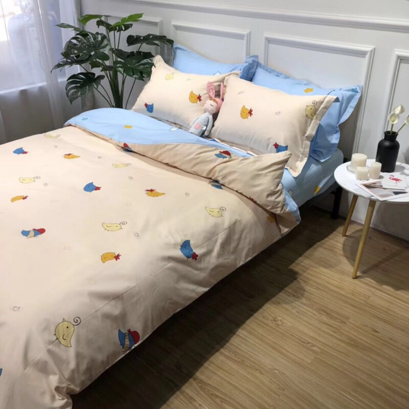ins北欧小清新纯棉四件套床上三件套少女心床单全棉网红被套床笠黄色小鸡啄米