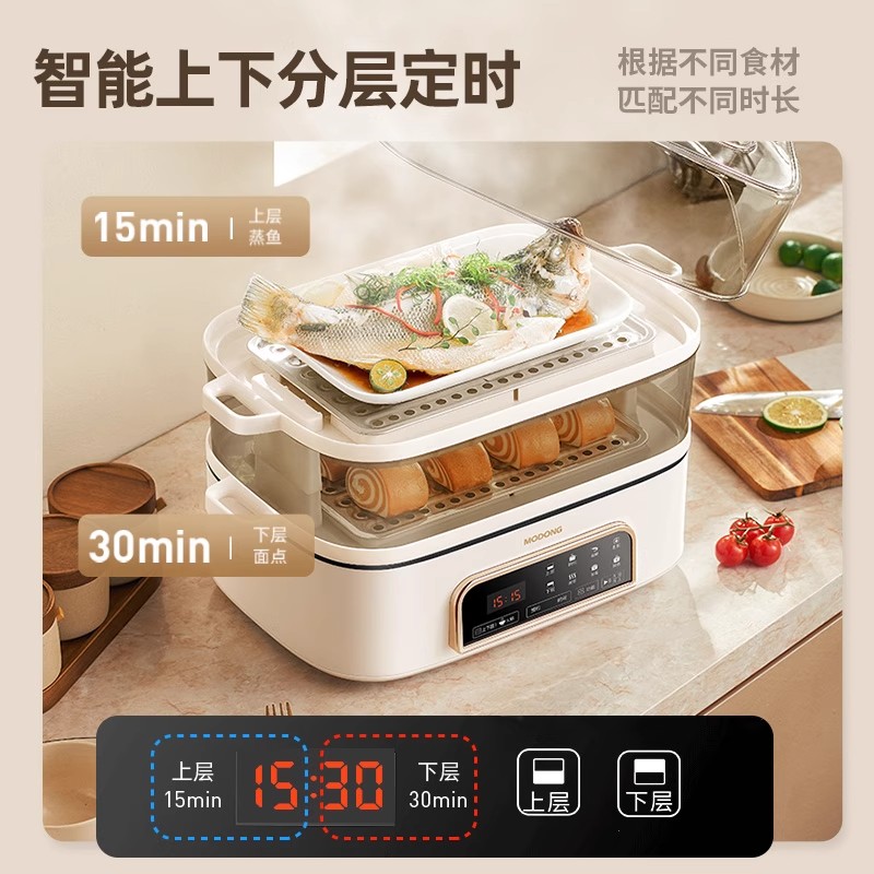 摩动电蒸锅多功能家用大容量多层不串味蒸煮一体电火锅不锈钢电蒸箱蒸锅 MD-ZG006高清大图