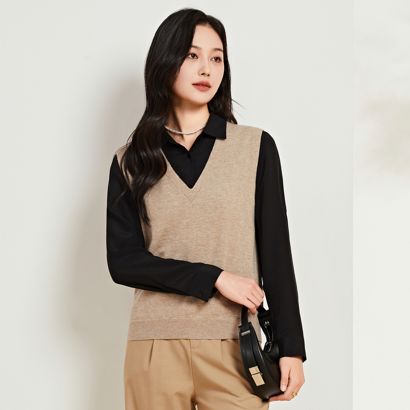恒源祥V领纯色羊毛衫女2024春秋无袖套头针织衫时尚叠穿马甲背心