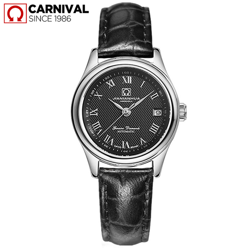 瑞士嘉年华Carnival瑞士手表全自动机械表 女士防水潮流手表学生金属钢带腕表休闲时尚皮带女表女神表清新秀气8830 精钢黑色皮带