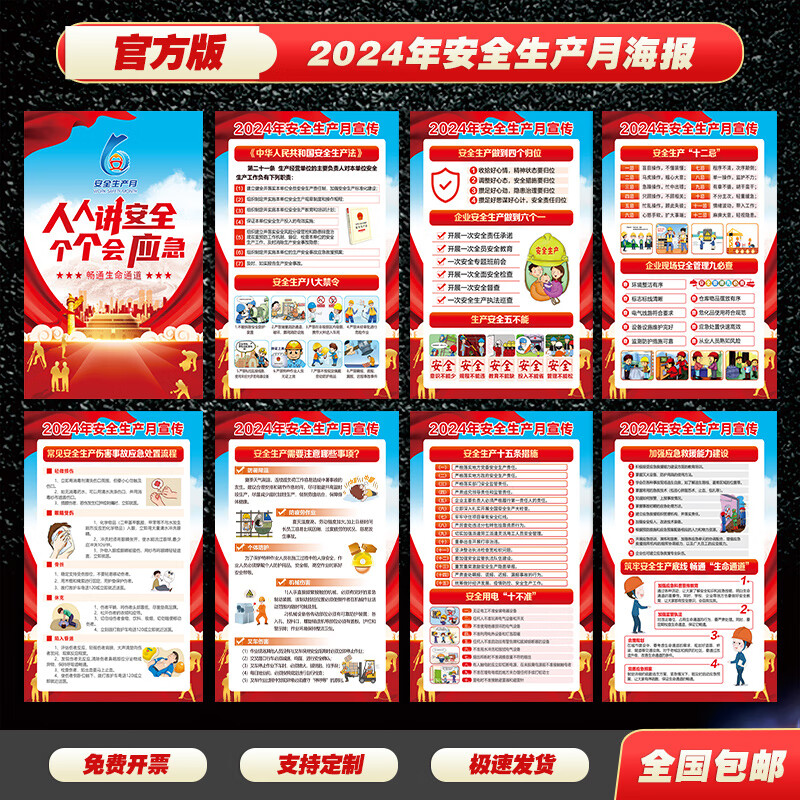 3M 2024年安全月海报安全生产月海报车间安全生产建筑工地安全月挂图 6张D款通用安全月主题海报 室内40X60CM高清大图