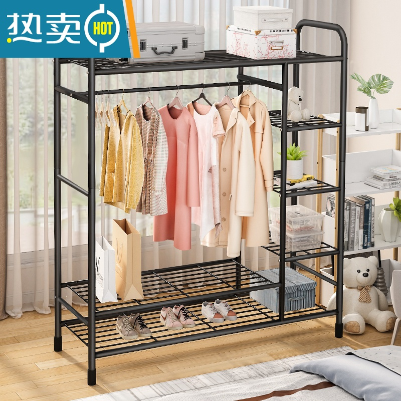 敬平衣帽架双杆晾衣架落地卧室内简易折叠挂衣架子家用晒衣服架收纳架 加粗120cm❤单杆双层+加固7钩☆炫黑