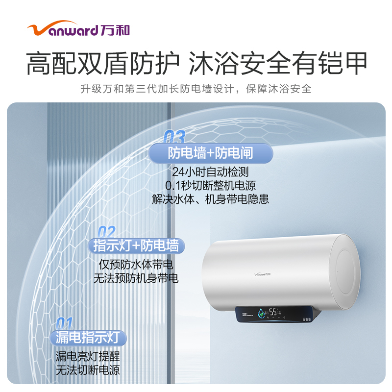 万和(Vanward)E60-G3-33 双盾防护 3300W一级能效净化镁棒102h长效锁温电热水器高清大图