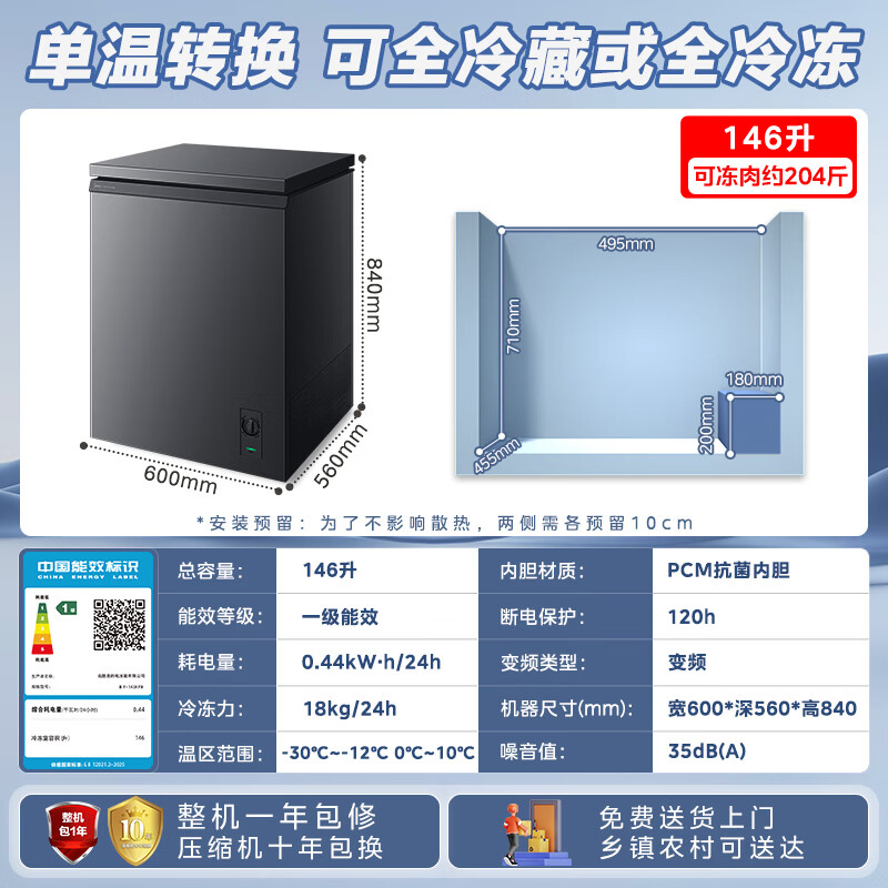 美的酷省电冰柜146升小型家用顶开门变频减霜非无霜小冰柜一级能效节能节电冷冻柜零下30度冷藏冷柜两用MF-143KPM高清大图
