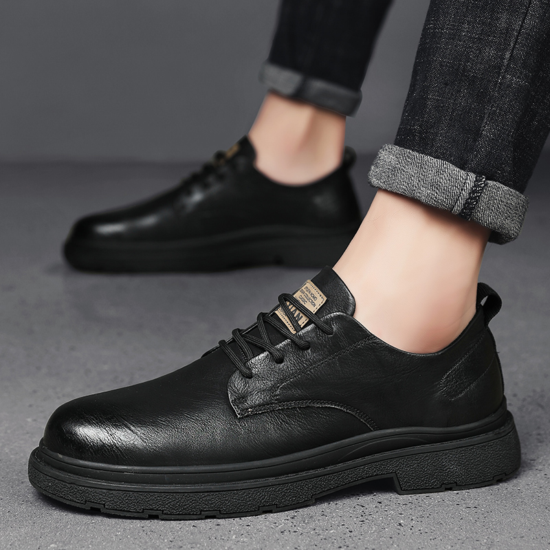 公牛四季男鞋皮鞋男士秋季商务正装休闲宽头男鞋英伦风厚底增高黑色
