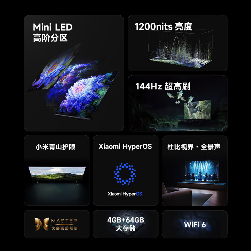 小米电视85英寸S85 MiniLED 1200nits亮度4GB+64GB存储240HZ高刷