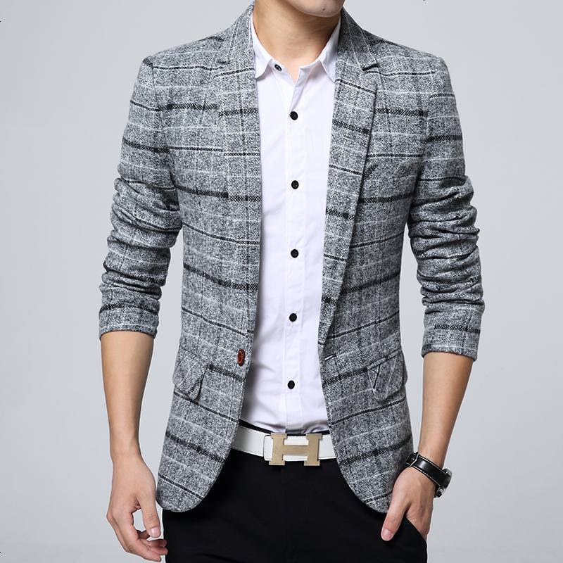 休闲格子西装男修身青年男装西服外套冬季英伦风小西装男