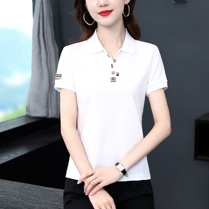 棉短袖t恤女夏季薄款中年妈妈翻领上衣有领衣服运动衫带领