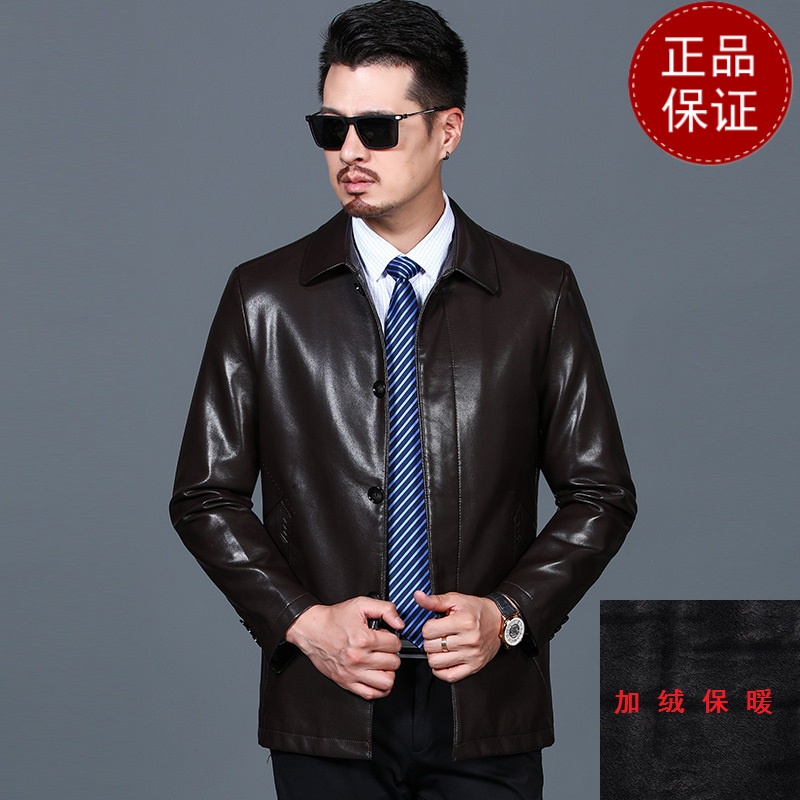 免费试穿海宁秋冬加绒中老年男士皮衣绵羊皮翻领宽松爸爸装休闲真皮皮外套2021冬装新款羊毛_587 165/80A 深棕色加绒