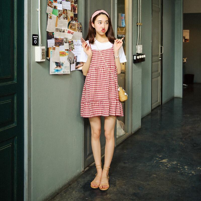 2018学院夏季甜美格纹带连衣裙宽松娃娃裙孕妇胖妹妹裙红白格子