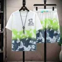夏季薄款运动套装男士数码印花熊休闲短袖短裤两件套 XL 【整套】小熊（绿）