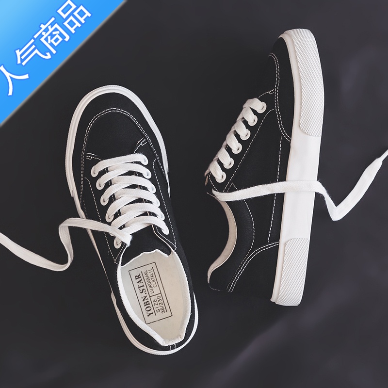 SUNTEK适合配裙子的鞋子女ins潮百搭小众小黑鞋街拍潮鞋chic黑色帆布鞋高清大图