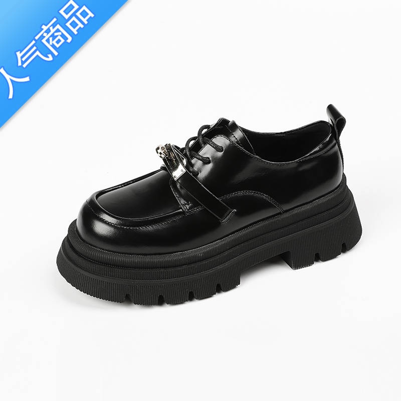 SUNTEK锁扣厚底乐福鞋女2023新款休闲松糕单鞋圆头系带英伦风小皮鞋高清大图