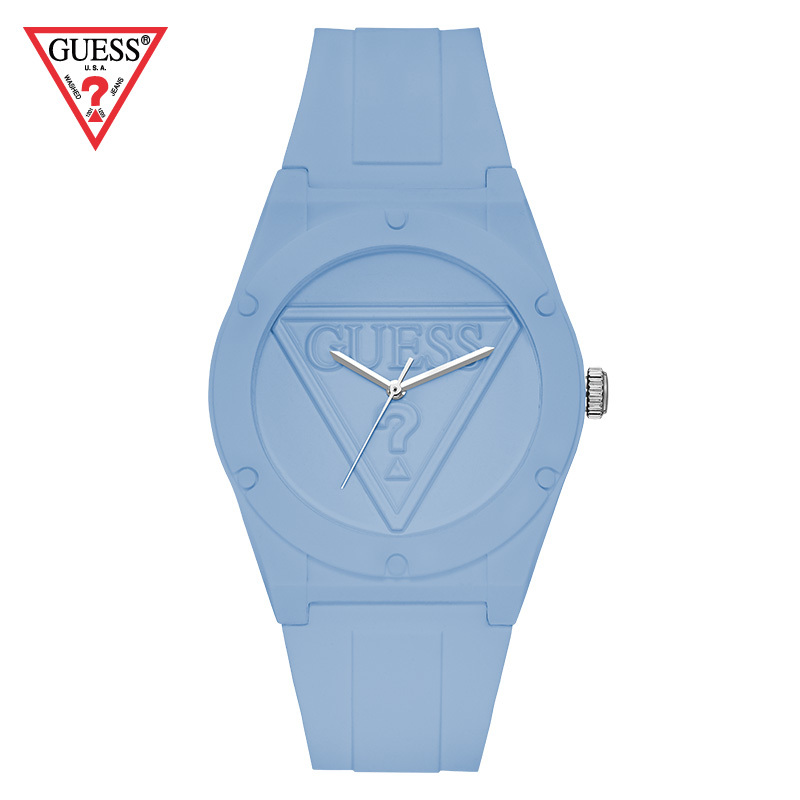 GUESS倒三角LOGO浮雕蓝色石英硅胶腕表W0979L6