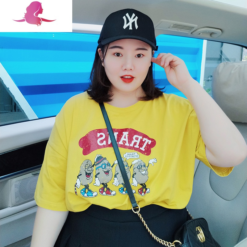 艳如飞200斤胖mm夏季新款加肥加大码女装休闲短袖宽松遮肉卡通印花T恤衫休闲运动套装
