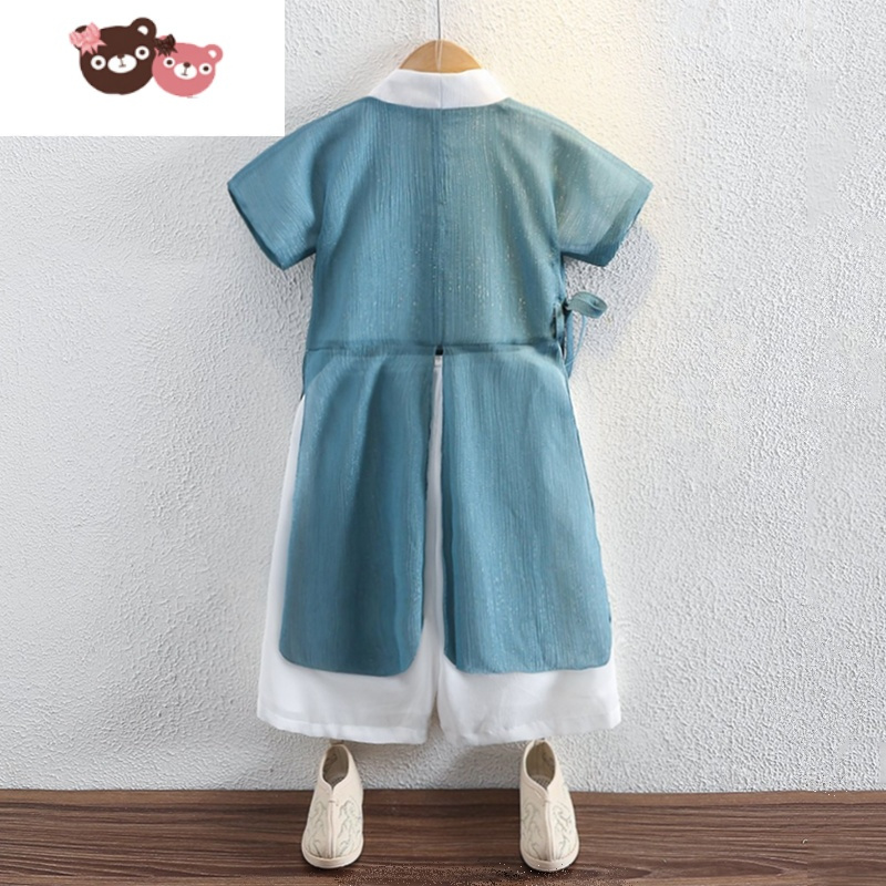 绿彩虹光汉服男童夏装短袖薄款超仙飘逸宝宝古装复古衣服六一儿童节演出服