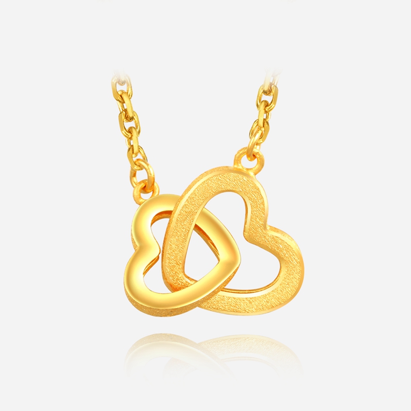 金大福金项链女双环爱心吊坠心心相印套链足金正品计价
