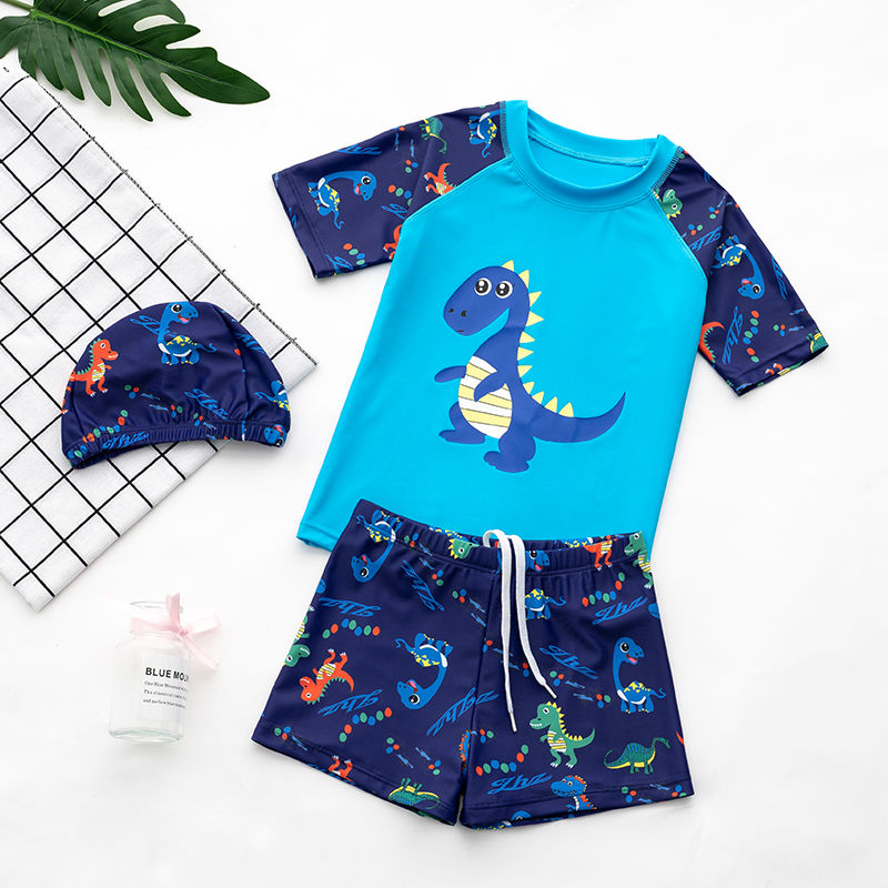 儿童泳衣男童连体小中大童游泳衣宝宝婴幼潜水服套装游泳装备 [分体]蓝色小恐龙(带泳帽) M(建议80-95cm)