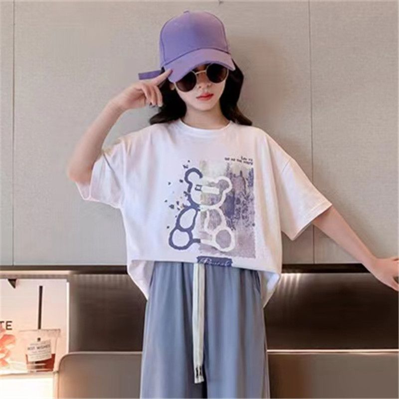 女童装夏装套装中大童洋气网红短袖T恤女孩休闲冰丝阔腿裤两件套 蓝色（单件T恤） 140码