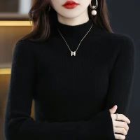 毛衫女秋冬新款半高领毛衣宽松纯色打底线衣针织衫 M 黑色