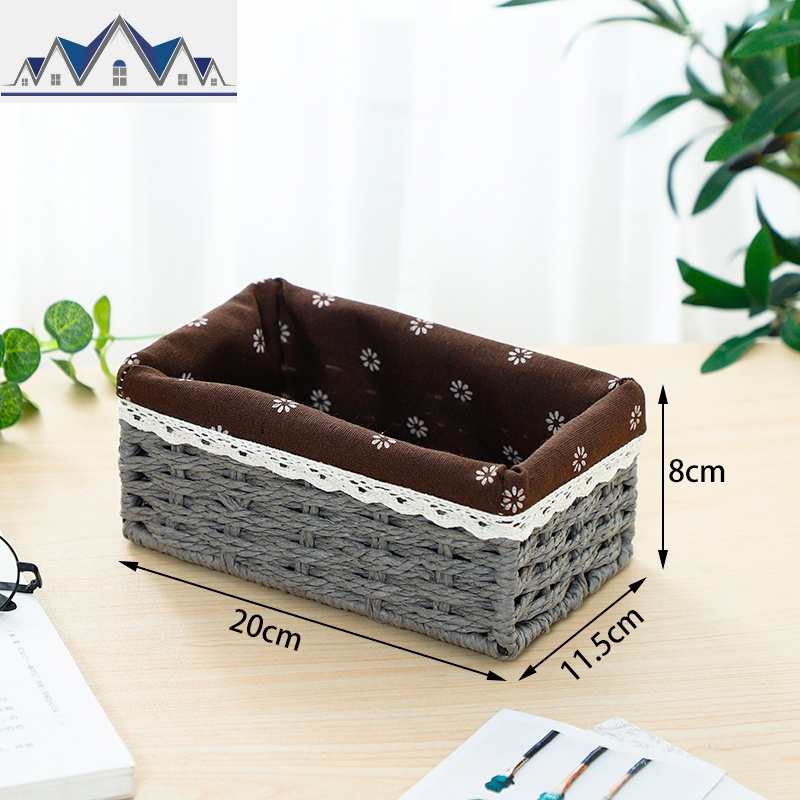 编织收纳筐藤编储物盒桌面化妆品编零食筐钥匙遥控器布艺小篮子 三维工匠收纳篮 灰色小号内衬款