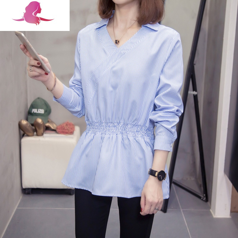 艳如飞加大码女装长袖上衣v领收腰遮肚子显瘦上衣女洋气条纹打底衫200斤大码女装