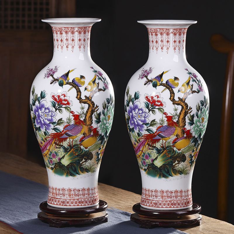 景德镇陶瓷器花瓶客厅摆件插花现代家居酒柜装饰工艺品小花瓶摆设 三维工匠 大号牡丹双凤鱼尾瓶+旋转底座高清大图
