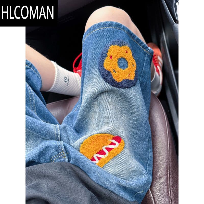 HLCOMAN复古汉堡薯条毛巾绣牛仔短裤男女宽松夏季2025新款直筒阔腿五分裤图片