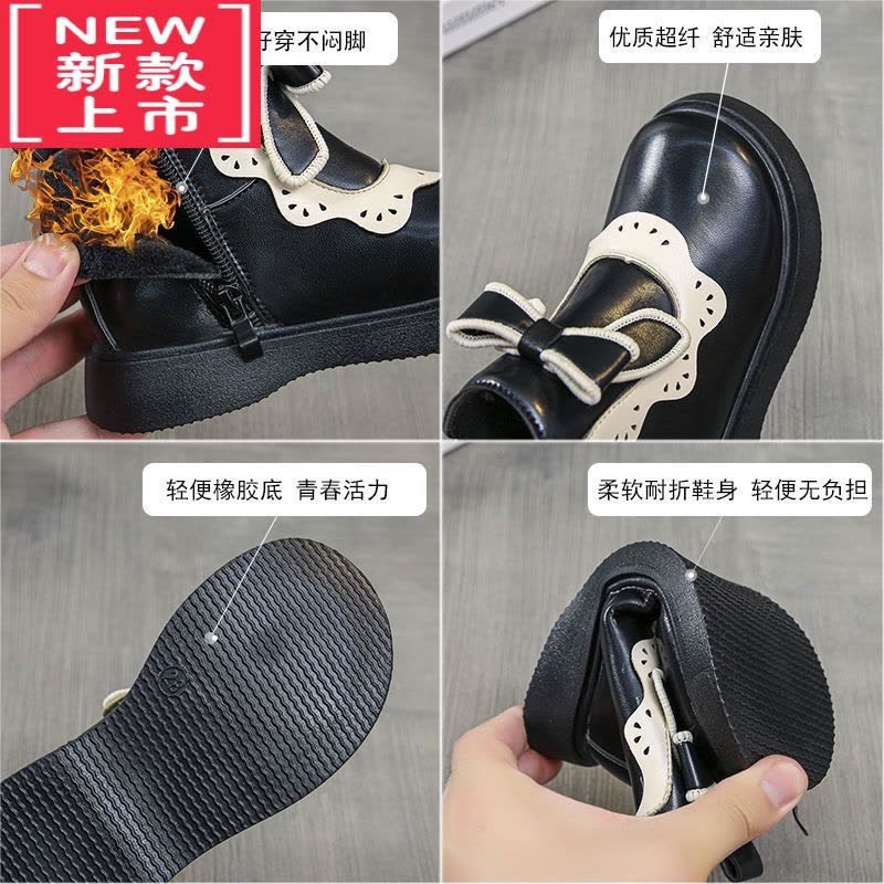 可莉允女童公主蝴蝶结马丁靴2022冬季儿童靴子皮靴女加绒短靴保暖雪地靴图片