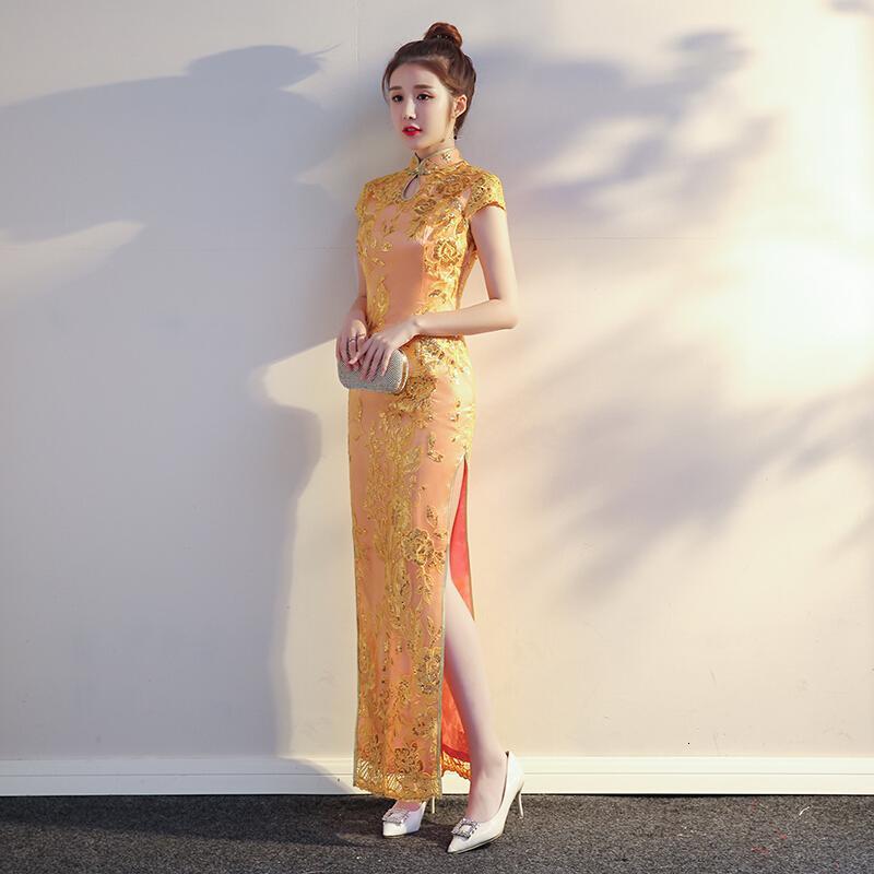 少女旗袍礼服女长款2018新款金色时尚显瘦年会晚会聚会走秀演出裙