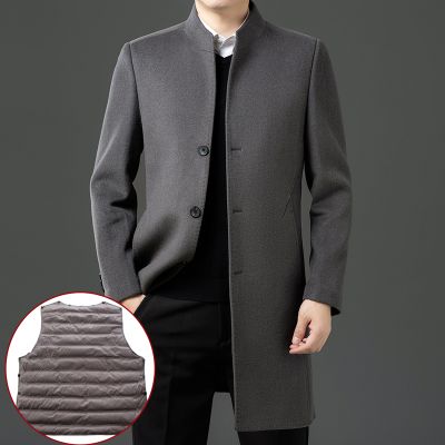 双面呢鹅绒内胆男士羊绒大衣羽绒内胆可拆卸中青年羊毛呢子中长款外套爸爸针织上衣服活里活面鹅绒内胆风衣中老年羽绒外套大码冬装 灰色 190\104